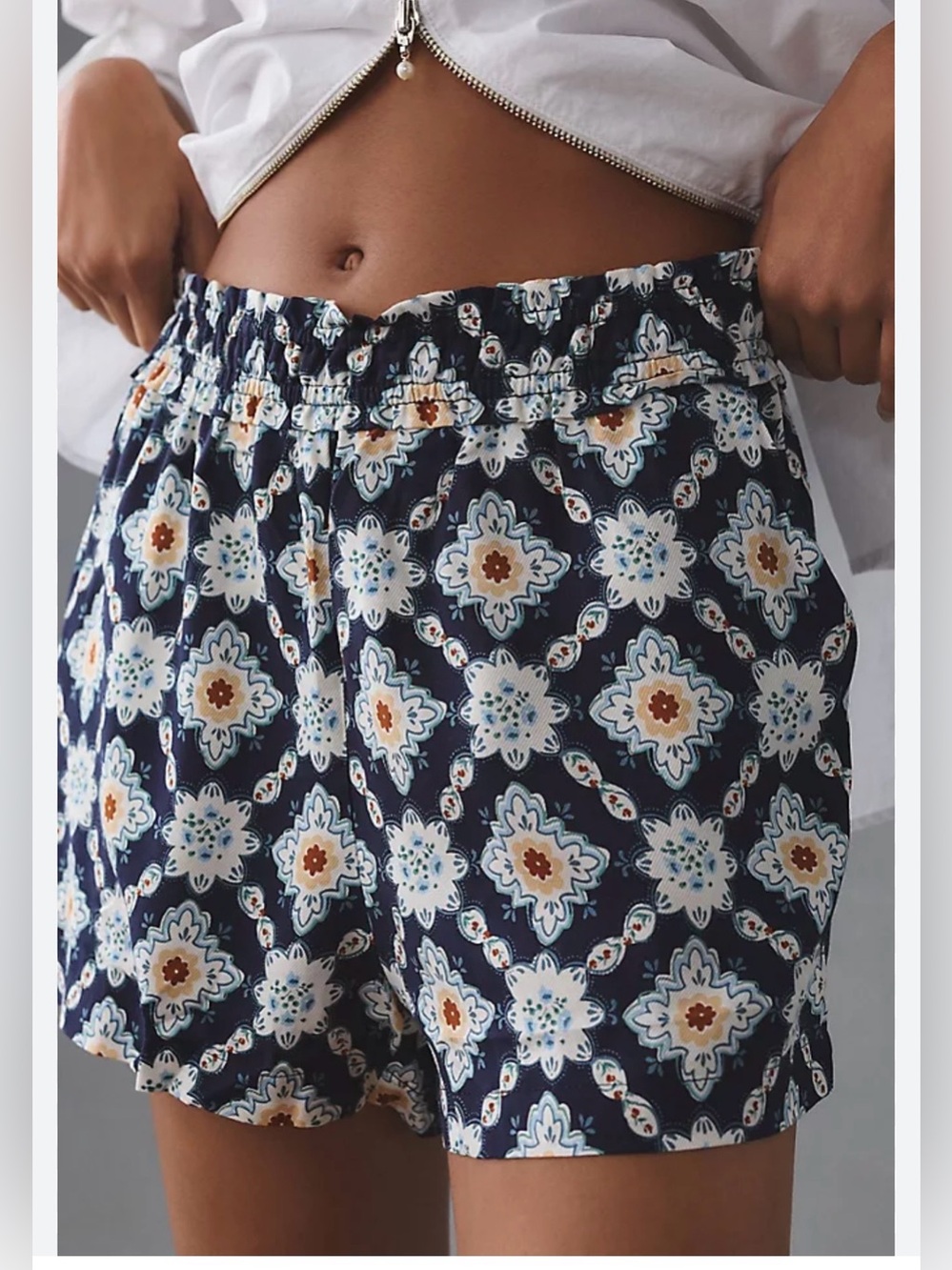 Anthropologie Easy Traveler Shorts Boho Navy Floral Geometric Coastal Breezy S